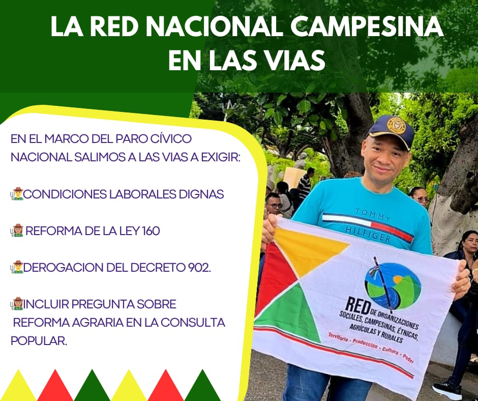 RedCampesinaRur's tweet photo. #ParoNacional 
Salimos a las vías a exigirle al @SenadoGovCo que se ponga al servicio del pueblo y el campesinado y le de concepto positivo a la consulta popular
#ReformaAgrariaConResultados 
@petrogustavo @MCarvajalinoV @MinAgricultura @MinInterior @AgenciaTierras @URestitucion https://t.co/ShF1Me8ahp