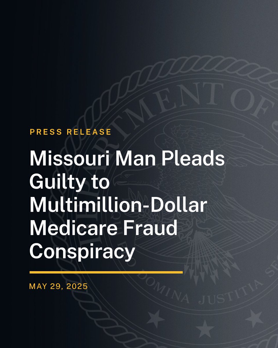 DOJCrimDiv's tweet image. Missouri Man Pleads Guilty to Multimillion-Dollar Medicare Fraud Conspiracy

🔗: justice.gov/opa/pr/missour…