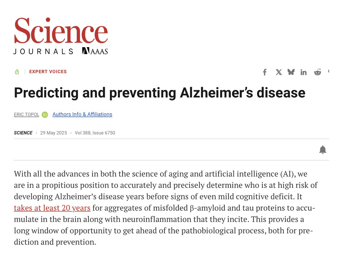 Eric Topol (@erictopol) on Twitter photo In <a href="/ScienceMagazine/">Science Magazine</a> today, my essay on predicting and preventing Alzheimer's disease (open-access)
science.org/doi/10.1126/sc… In <a href="/ScienceMagazine/">Science Magazine</a> today, my essay on predicting and preventing Alzheimer's disease (open-access)
science.org/doi/10.1126/sc…