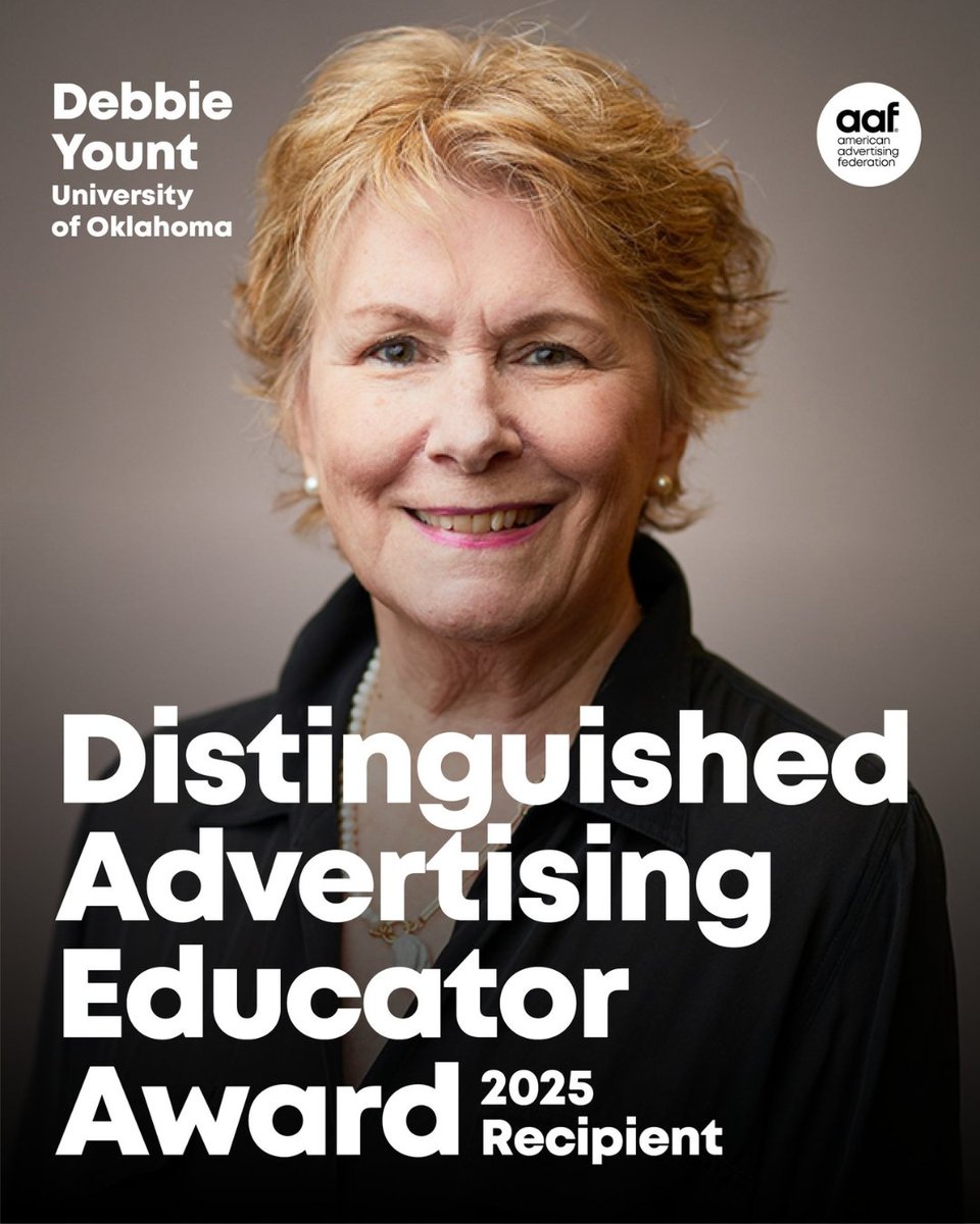 🧑‍🏫 Big congratulations to Gaylord Advertising Professor and Strategic Communications Co-Area Head Debbie Yount, recipient of the Distinguished Advertising Educator Award from @aafnational!