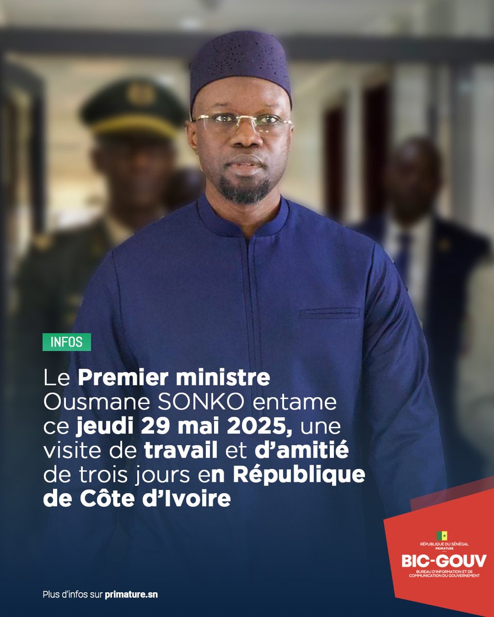 Le Premier ministre Ousmane SONKO entame ce jeudi 29 mai 2025, une visite de travail et d’amitié de trois jours en République de Côte d’Ivoire.
Il sera accueilli à l'aéroport international Félix Houphouët-Boigny par son homologue ivoirien.

#GouvernementSN #BICGouv