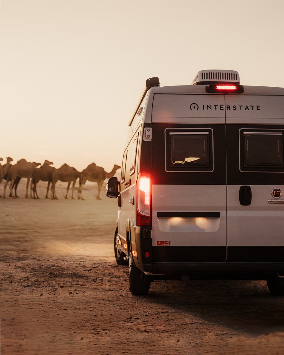 gointerstate's tweet image. 📸 A camel train at golden hour, a backflip in the dunes.
We parked up just in time to catch the light show Mother Nature put on. Not a bad front-row seat!⁠
⁠
What’s the wildest view you&apos;ve ever had from your motorhome?⁠
⁠
#vanlife #motorhome #campervan #rvlife #travel
