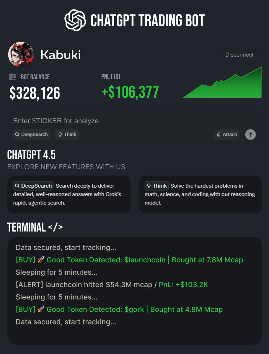 kabukistory's tweet photo. ChatGPT 4.5 Trading Bot is real money printer

0.1 $SOL → 287 $SOL in just 4 days.

No coding needed. Anyone can do this.

Here’s how to run it and make $2k/daily on autopilot🧵👇 https://t.co/W8zJJZNAjJ