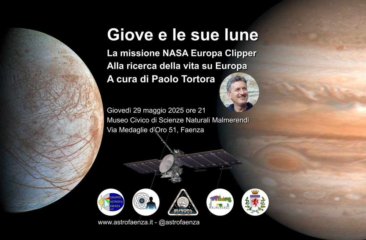 Stasera, giovedì 29 maggio, dalle 21, siamo al #Museo Malmerendi (Via Medaglie d'Oro 51 #Faenza) per la conferenza "Giove e le sue lune", con Paolo Tortora, che ha lavorato alla missione #NASA #EuropaClipper

Ingresso libero e #gratis, non mancare!
mobilizon.it/events/d07508b…