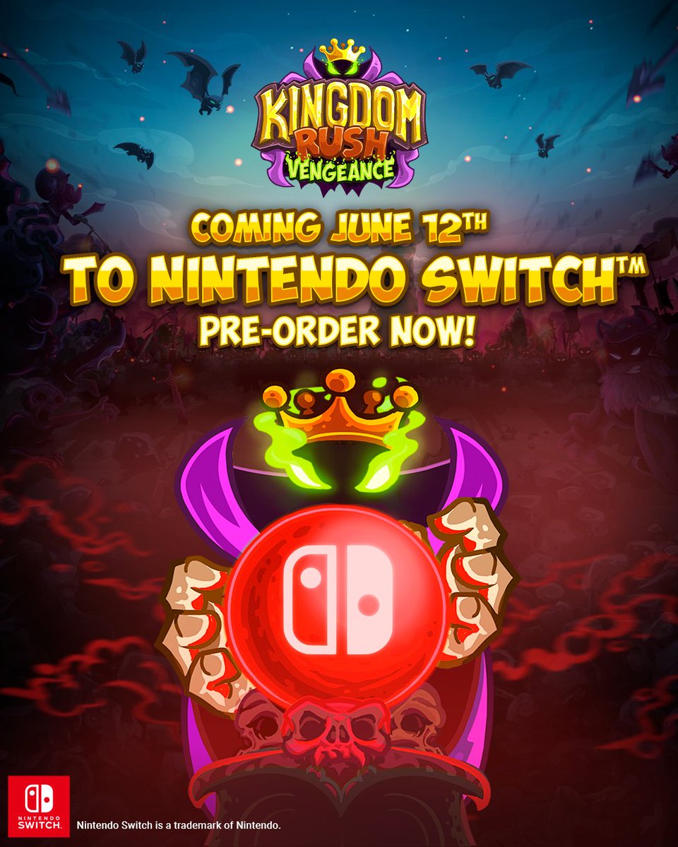 At last! I, Vez’nan, bring my Vengeance to your handheld devices. Yes, Kingdom Rush Vengeance and its DLCs are coming to Nintendo Switch! 

Ready your thumbs and prepare to Switch to the Dark Side.
🎮 Pre-Order Now! bit.ly/krv-switch