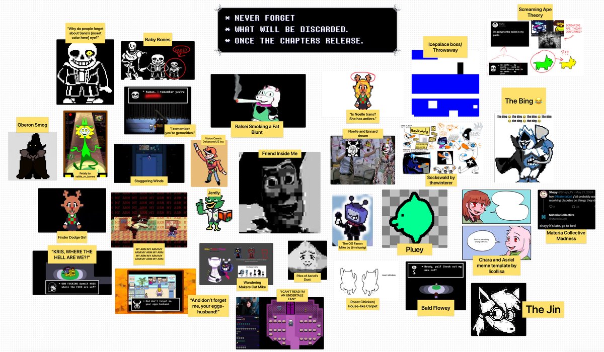 jayejumps's tweet photo. never forget the fan creations, Brainrot, and memes that spawned out of our time waiting for deltarune chapters 3 and 4 when they release in a few days [updated]
#DELTARUNE https://t.co/VHFeOnBrrF