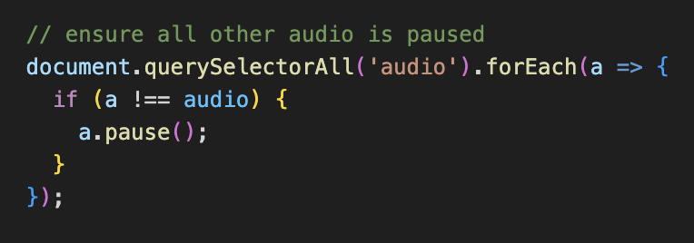 kmxnci's tweet image. I feel a bit silly—turns out a staff engineer and I are both working on related projects that involve audio playback.

We each needed to make sure that playing a new track would stop any existing audio.

I spent hours wrangling with React context…

Meanwhile, he solved it like…