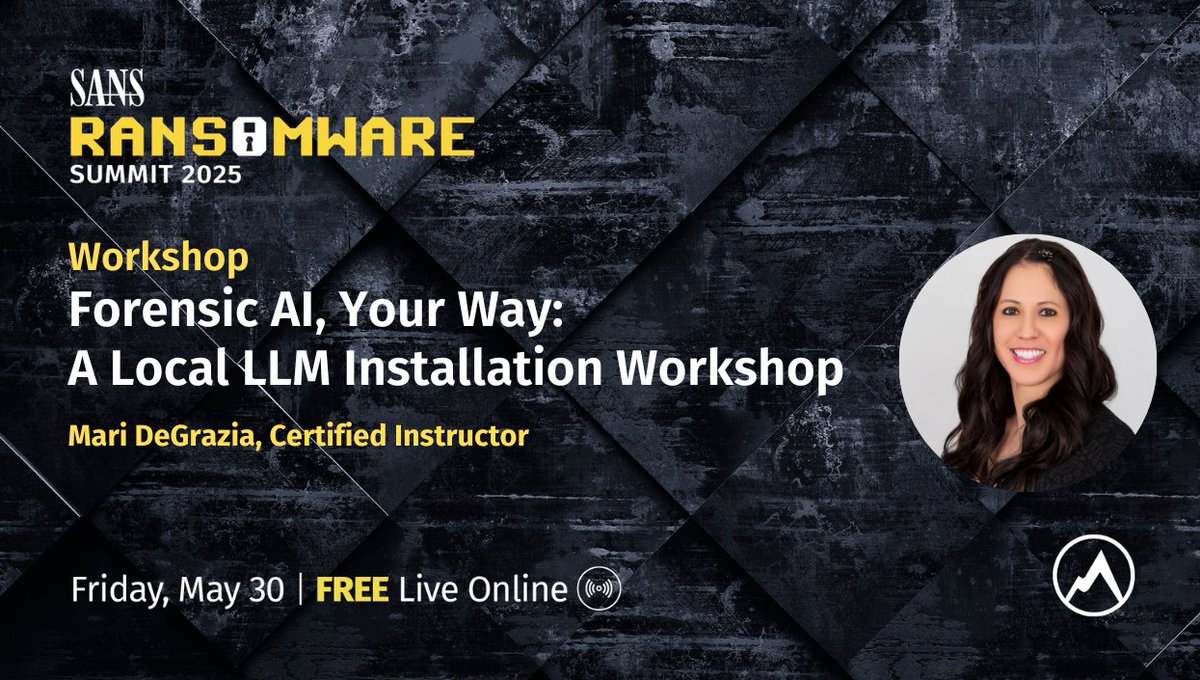 Mari Degrazia (@maridegrazia) on Twitter photo It's almost here!!! Join <a href="/rj_chap/">Ryan "Chaps" Chapman</a> and me at the <a href="/SANSInstitute/">SANS Institute</a> Ransomware Summit tomorrow. I will also be hosting an AI workshop over lunch. Learn how to install and use a local LLM. Register for the free conference and workshop here: sans.org/cyber-security… It's almost here!!! Join <a href="/rj_chap/">Ryan "Chaps" Chapman</a> and me at the <a href="/SANSInstitute/">SANS Institute</a> Ransomware Summit tomorrow. I will also be hosting an AI workshop over lunch. Learn how to install and use a local LLM. Register for the free conference and workshop here: sans.org/cyber-security…