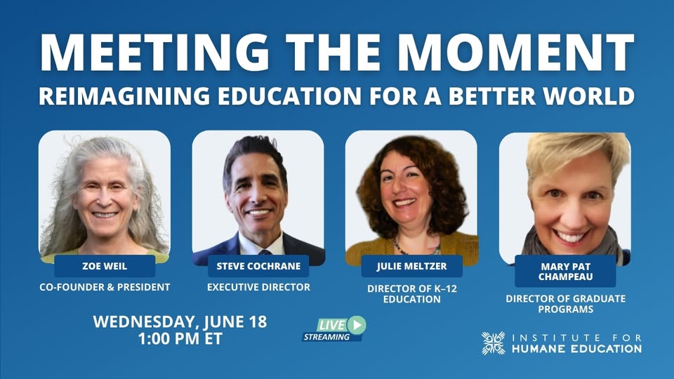 Institute for Humane Education (@humaneeducation) on Twitter photo Join leaders of the Institute for Humane Education on ๐ช๐ฒ๐ฑ, ๐๐๐ป๐ฒ ๐ญ๐ด ๐ฎ๐ ๐ญ๐ฝ๐บ ๐๐ง to discuss whatโs at stakeโand whatโs possibleโfor the future of education in our first-ever livestream!
Register and send your questions in advance here: mailchi.mp/humaneeducatioโฆ Join leaders of the Institute for Humane Education on ๐ช๐ฒ๐ฑ, ๐๐๐ป๐ฒ ๐ญ๐ด ๐ฎ๐ ๐ญ๐ฝ๐บ ๐๐ง to discuss whatโs at stakeโand whatโs possibleโfor the future of education in our first-ever livestream!
Register and send your questions in advance here: mailchi.mp/humaneeducatioโฆ