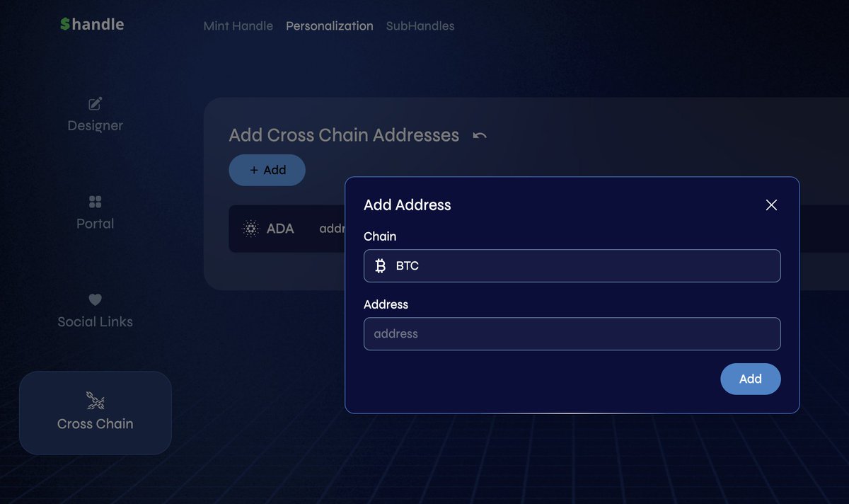 $handle for $BTC addresses!💲🟠

➡️ With all of the new functionality coming from both Cardano and Bitcoin, now is the time to prepare for real interoperability.

- Go to our DApp
- Personalize your $handle
- Add a $BTC address in cross-chain
- Save on-chain w/ a Cardano TX ✅