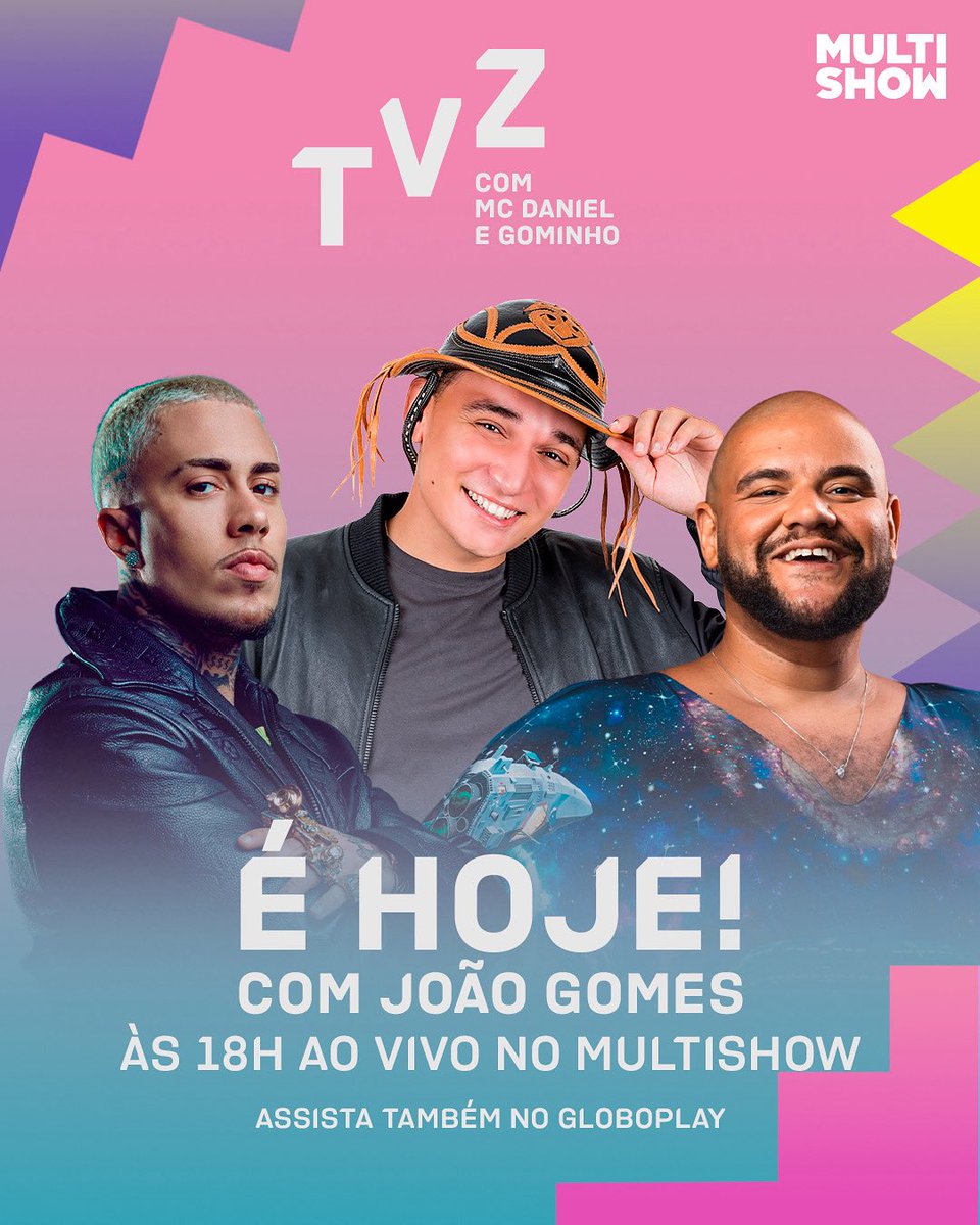 Quinta é dia de #TVZAoVivo por aqui 🎵✨ E hoje o MC Daniel e o <a href="/Gominho/">✌🏽❤️🎶</a> vão receber o João Gomes pra um programa recheado de piseiro e clipes incríveis 🗣️ É às 18hrs, no Multishow e <a href="/globoplay/">globoplay</a> !