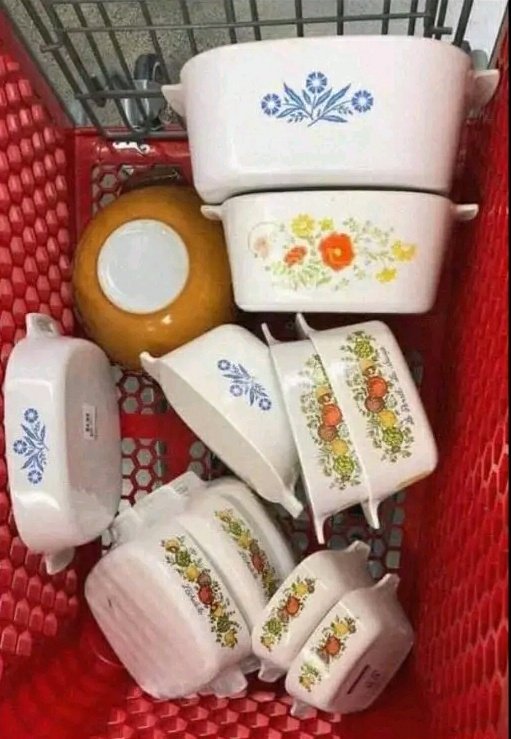 ”I saw a post the other day by a lady who said she always grabs vintage casserole dishes when she sees them at thrift stores or yard sales and uses them when she brings a meal to someone! She said often they are cheaper than disposable ones and the family can either keep for