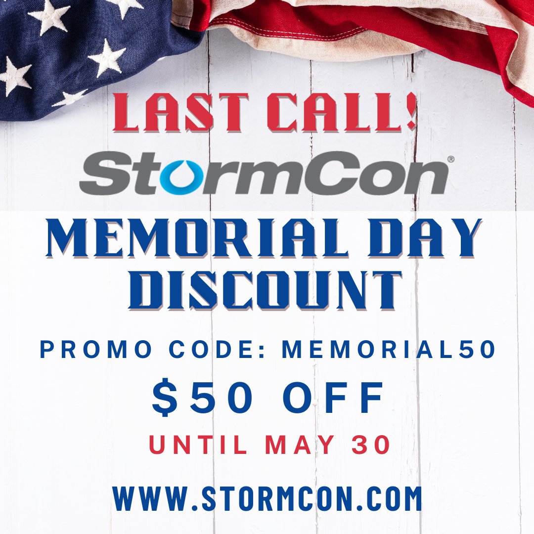 Last Chance to Save $50 on StormCon Passes!

The Memorial Day deal ends tomorrow! Use code MEMORIAL50 to get $50 off your #StormCon 2025 pass before it's gone. Register at: stormcon.com

#StormwaterSolutions #StormwaterManagement #Stormwater #MemorialDay
