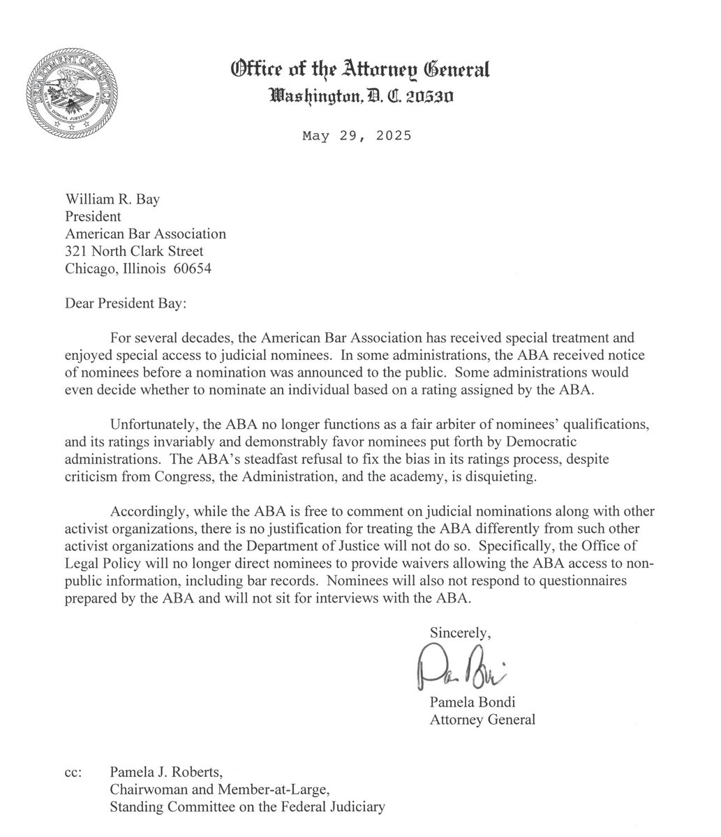 Will Chamberlain (@willchamberlain) on Twitter photo BREAKING: In a letter sent today, <a href="/AGPamBondi/">Attorney General Pamela Bondi</a> informed the American Bar Association that they will no longer enjoy "special access to judicial nominees." The ABA will no longer be granted waivers allowing the ABA access to non-public information, and judicial nominees will no BREAKING: In a letter sent today, <a href="/AGPamBondi/">Attorney General Pamela Bondi</a> informed the American Bar Association that they will no longer enjoy "special access to judicial nominees." The ABA will no longer be granted waivers allowing the ABA access to non-public information, and judicial nominees will no