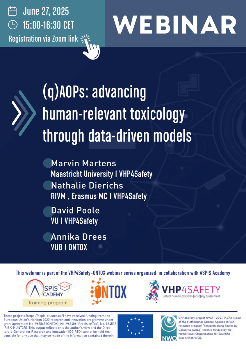 New ONTOX-VHP4Safety Webinar 📢coming up!

📝Title: (q)AOPs: Advancing Human-relevant Toxicology Through Data-driven Models
📅Date: 27 June
⏰Time: 15:00-16:30 CET

👉Register now free of charge 🔗 ontox-project.eu/ontox-vph4safe…