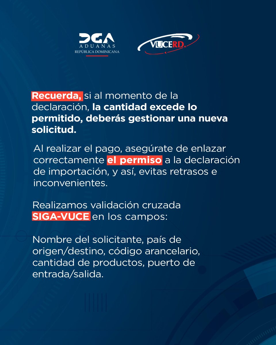 aduanard's tweet image. Para garantizar el cumplimiento de permisos y la agilización en su proceso de importación, nuestro sistema #VUCERD realiza validaciones cruzadas con el sistema integrado de gestión aduanera. #SIGA #AduanasRD