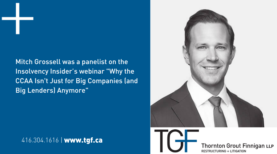 Mitch Grossell was a panelist on the Insolvency Insider’s webinar "Why the CCAA Isn't Just for Big Companies (and Big Lenders) Anymore" tinyurl.com/5xw3bj73