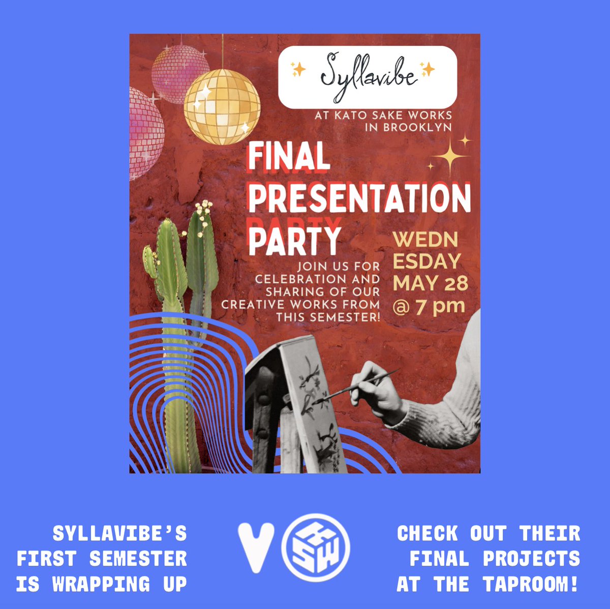 Join us in the taproom tonight to celebrate the final presentations of Syllavibe with our friend @lisamnicchi! Enjoy some craft sake, @yesfolk kombucha, and ✨artistic offerings✨ from 7-9PM. ⁠
⁠
Cheers to creating!