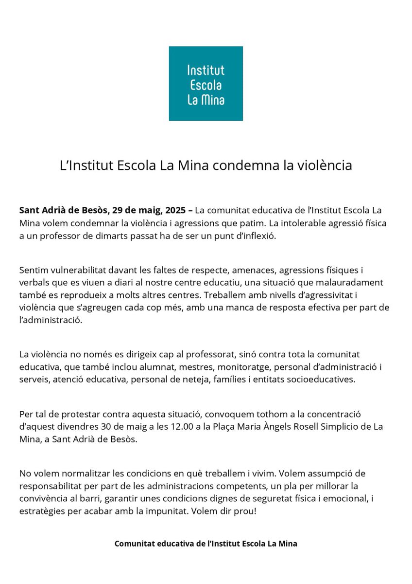 Donem suport també a la convocatòria de concentració!

📆Divendres 30 de Maig 
🕕12:00h 
📌Plaça Maria Angels Rosell Simplicio, Sant Adrià de Besós.

Exigim al Departament d’Educació que assumeixi la seva responsabilitat amb fets i mesures concretes!
