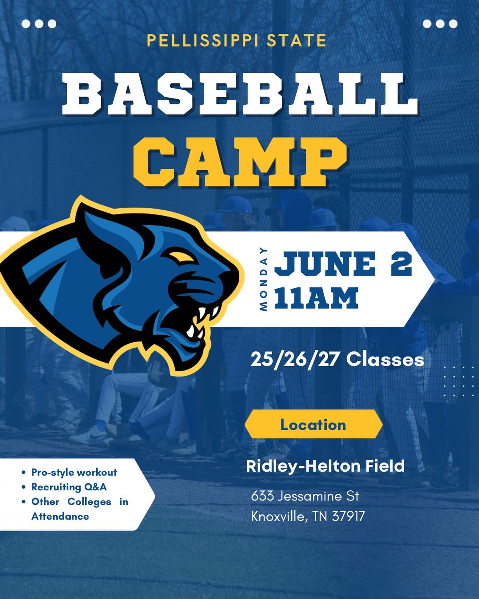 PSCCPanthers's tweet image. Pellissippi State’s Baseball camp is right around the corner! The showcase/ID camp is scheduled for Monday, June 2 at 11am!
Click the link for more information and to register!
shawnhughesbaseballcamps.com/showcaseid-cam…
