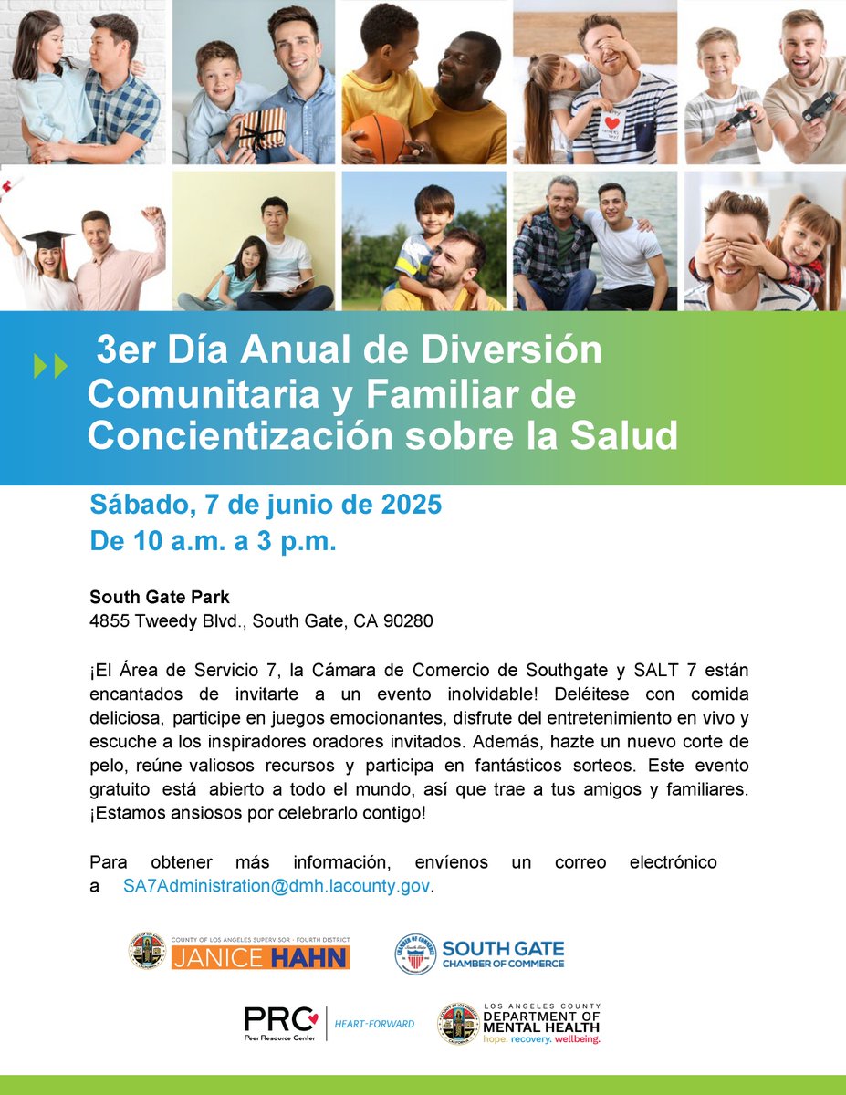 LA County Dept of Mental Health (@lacdmh) on Twitter photo Join us on Saturday, June 7, for our 3rd Annual Men's Health Awareness Community and Family Funday at South Gate Park from 10 AM - 3 PM. Join us for free food, exciting games, live entertainment, and to find valuable resources in your community. We hope to see you there!
For Join us on Saturday, June 7, for our 3rd Annual Men's Health Awareness Community and Family Funday at South Gate Park from 10 AM - 3 PM. Join us for free food, exciting games, live entertainment, and to find valuable resources in your community. We hope to see you there!
For