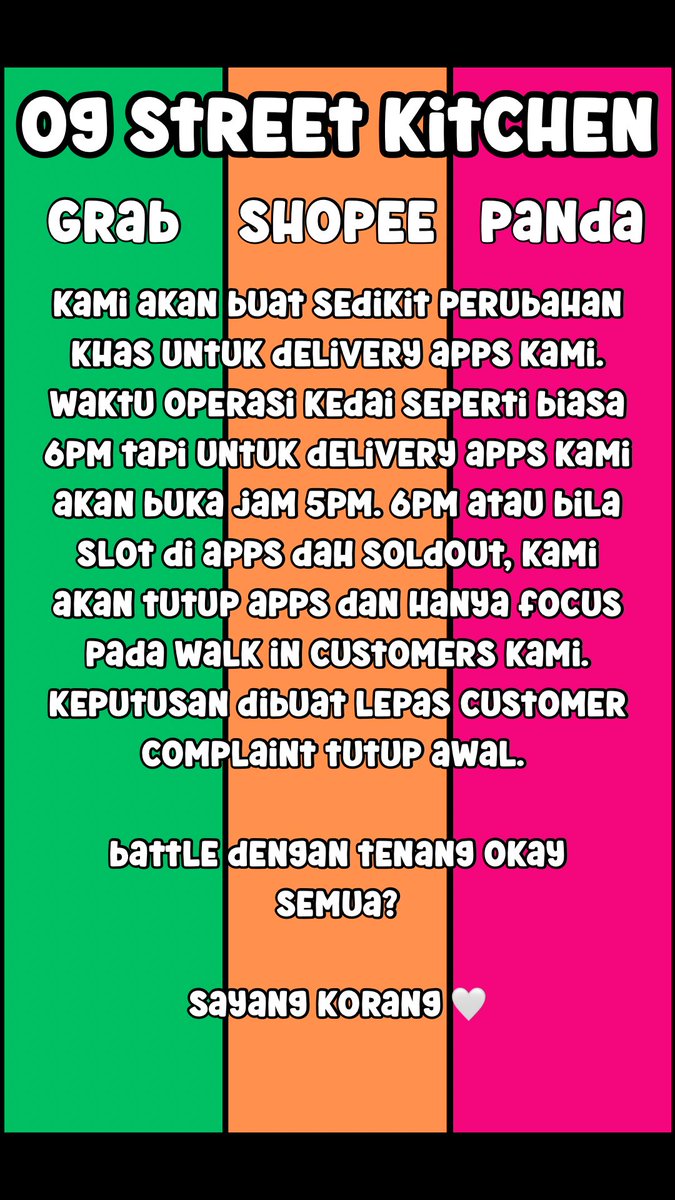 Hopefully kita sama sama seronok dengan keputusan ni okay? Kami cuba sebaik mungkin untuk puaskan hati customer dan staff. Kami buat mana yang mampu.

Nanti time live kalau ada orang tanya, korang tolong jawabkan kalau kami busy and tak pandang phone tau macam biasa 😅

Untuk ni,