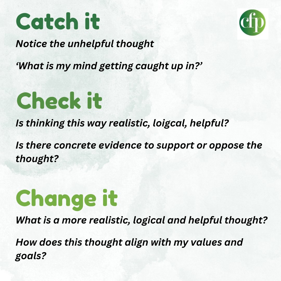 When you notice you are getting stuck in unhelpful, negative thoughts or worries, follow the three C's to help change the way you are looking at a situation. Catch it, check it, change it!

#thoughts #worries #unhelpfulthoughts #negativethoughts #perspective #cbttool #wellbeing