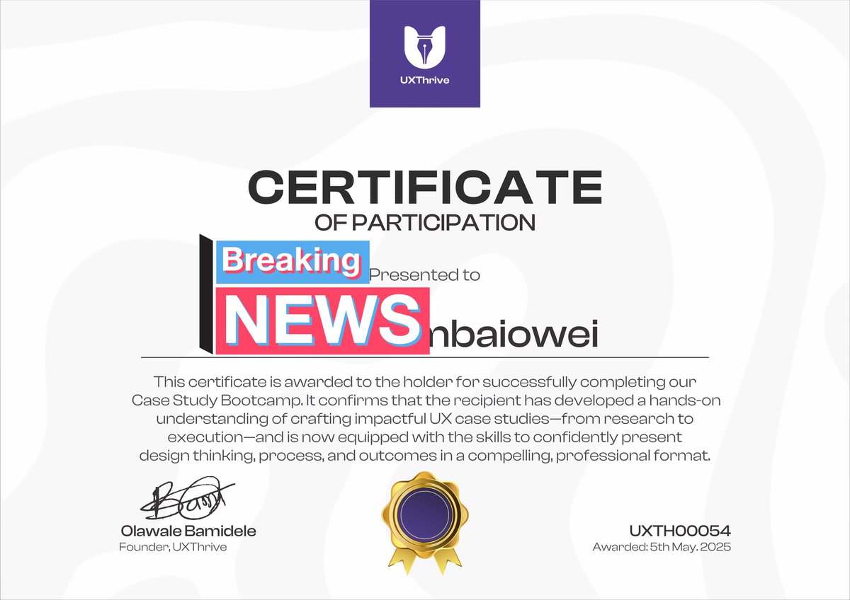 Jobihq's tweet photo. Another one for the culture! 😎🧠 Huge thanks to the @ux_thrive Community for an insightful Case Study Boot Camp. Learned a lot, grew even more and I’ve got the certificate to show for it. On to the next! 🚀✨ #UXDesign #BootCampComplete #UXThrive #DesignJourney https://t.co/t03JbX8XdP