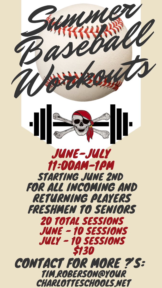 Port Charlotte High Pirates Baseball (@portchsbaseball) on Twitter photo Calling all incoming freshmen PCHS baseball players!!! Summer Workouts start next Monday email tim.roberson@yourcharlotteschools.net for more info!!! Calling all incoming freshmen PCHS baseball players!!! Summer Workouts start next Monday email tim.roberson@yourcharlotteschools.net for more info!!!