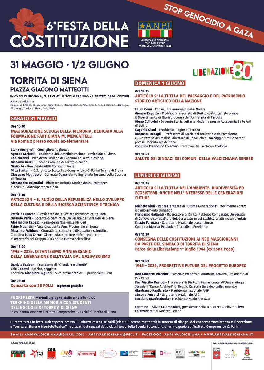 FESTA DELLA COSTITUZIONE

🇮🇹 Torna questo fine settimana, a Torrita di Siena, la festa che celebra la nostra Carta Fondamentale. Un'edizione speciale, che cade nell'80° anniversario della Liberazione.

Domenica 1° saranno ospiti i sindaci dell'Unione dei Comuni.

#Liberazione80