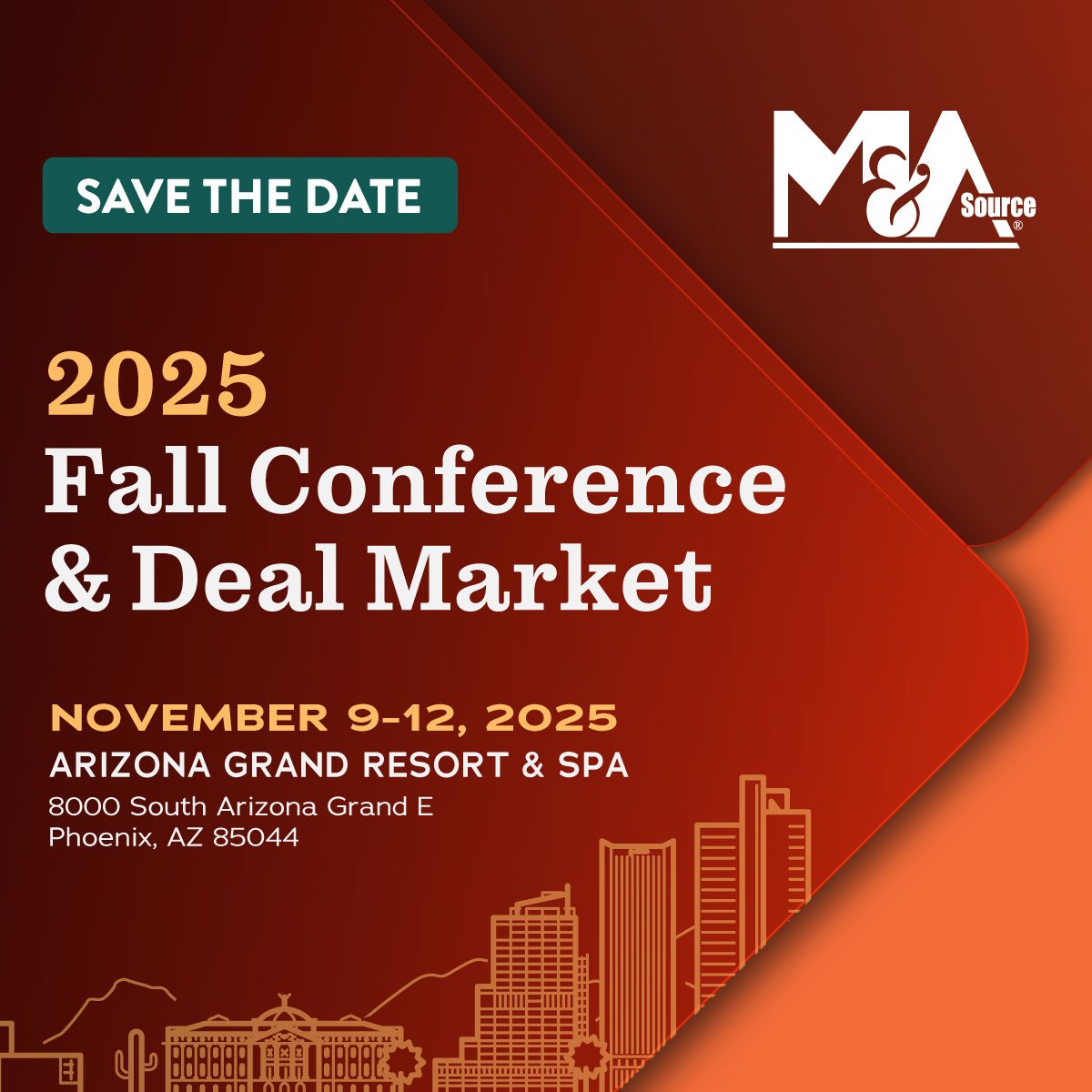 MAsource's tweet image. Ready to make more deals happen? Mark your calendar to join us in Phoenix for the next Conference &amp;amp; Deal Market this fall! #MASConference #MASDealMarket

Details will be added here as they become available: masource.org/event/2025-fal…