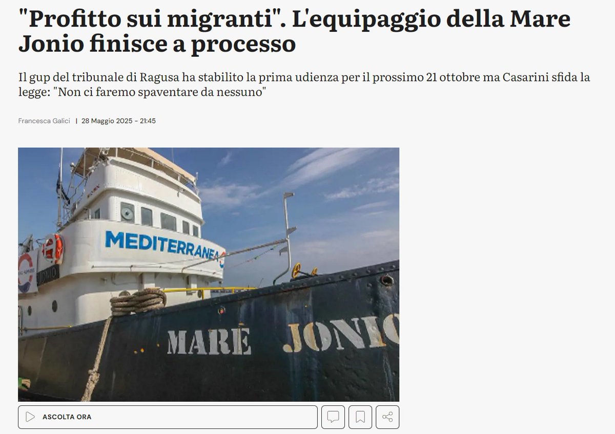 rgowans's tweet photo. 🇮🇹 28.05.25 - "Profitto sui migranti". L'equipaggio della #MareJonio finisce a processo. #migrantcrisis #DontTakeToTheSea #seenotrettung #Frontex https://t.co/sycuN9qNv9 https://t.co/G8jb2F3ZFK