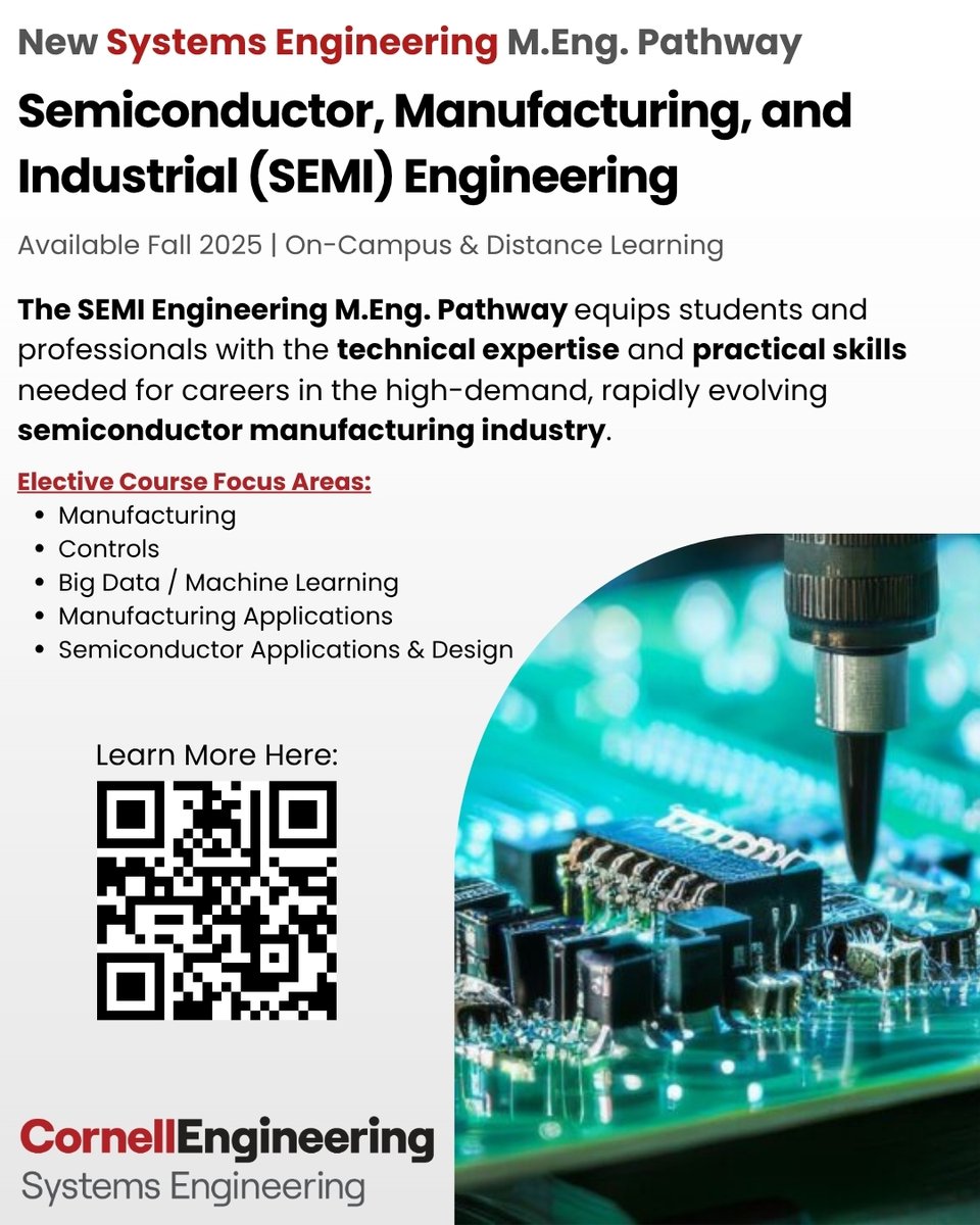CornellSystems's tweet image. π New M.Eng. Pathway in Systems Engineering: Semiconductor, Manufacturing & Industrial (SEMI) Engineering
π
Launching Fall 2025 | On-Campus & Online
π§ Build skills in: Manufacturing, Controls, Big Data, Machine Learning & more!
tinyurl.com/3xj6wfux