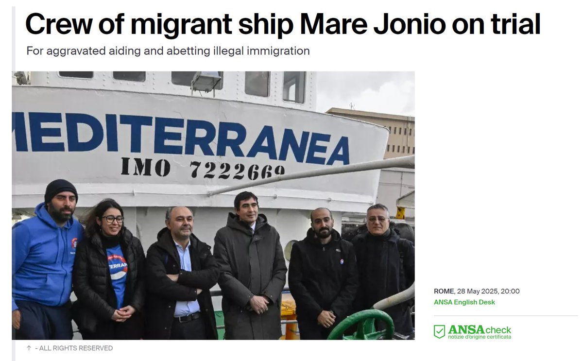 rgowans's tweet photo. 🇮🇹 28.05.25 - Crew of migrant ship #MareJonio on trial for aggravated aiding and abetting illegal immigration. #migrantcrisis #DontTakeToTheSea #seenotrettung #Frontex https://t.co/rF0FCTss5g https://t.co/sFTojWdFuB