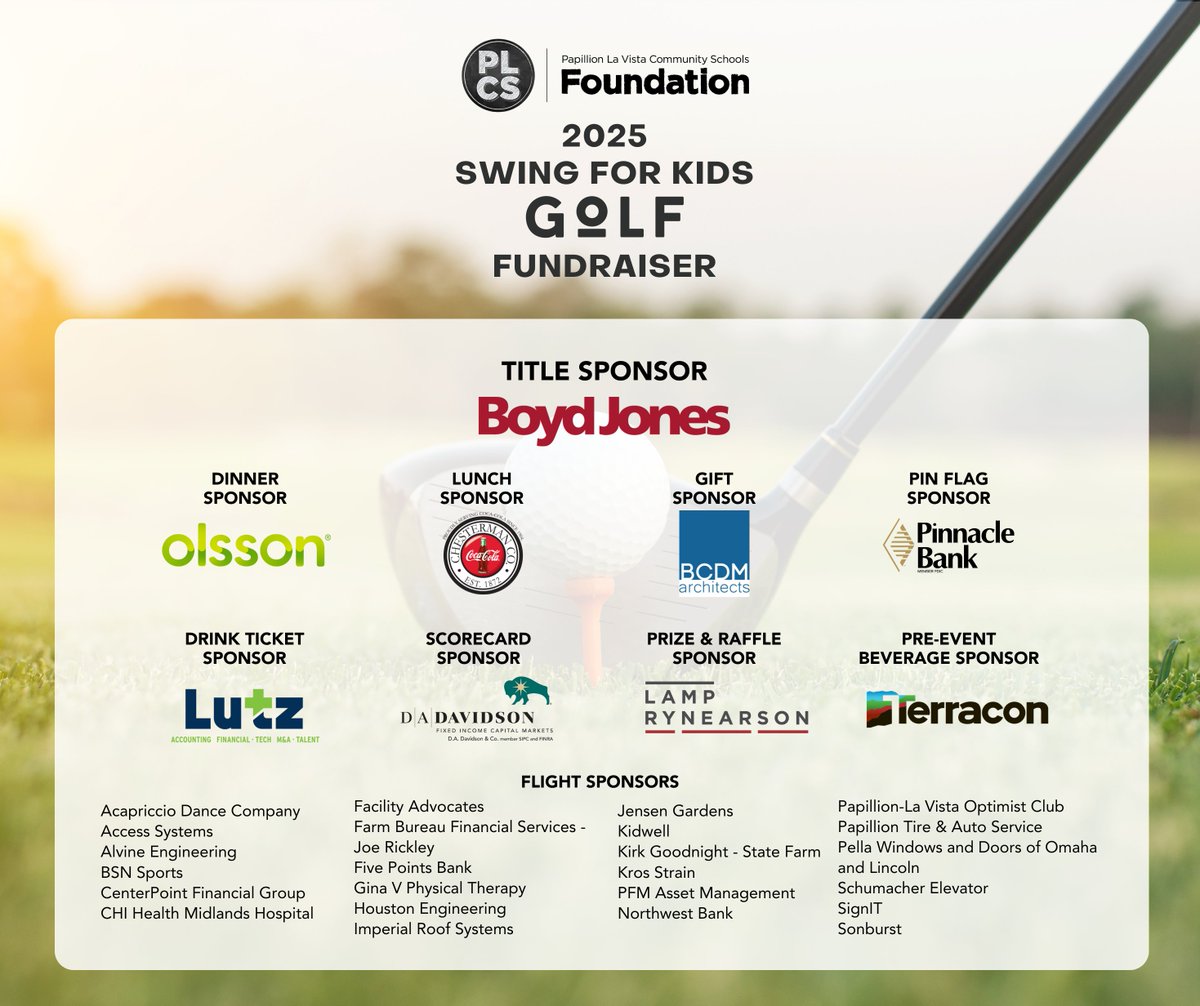 The 2025 Swing for Kids Golf Fundraiser is officially sold out! ⛳️ We're thrilled to welcome over 200 golfers on June 10 in support of PLCS students. A huge thank you to our returning Title Sponsor, Boyd Jones, and to all of our sponsors for helping local kids thrive!