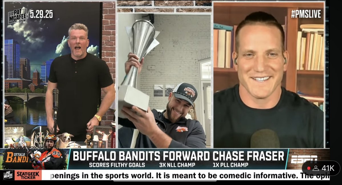Buffalo Bandits (@nllbandits) on Twitter photo Chase Fraser 🤝 <a href="/PatMcAfeeShow/">Pat McAfee</a>!
Thanks for having the human highlight reel on the progrum, Pat! Chase Fraser 🤝 <a href="/PatMcAfeeShow/">Pat McAfee</a>!
Thanks for having the human highlight reel on the progrum, Pat!