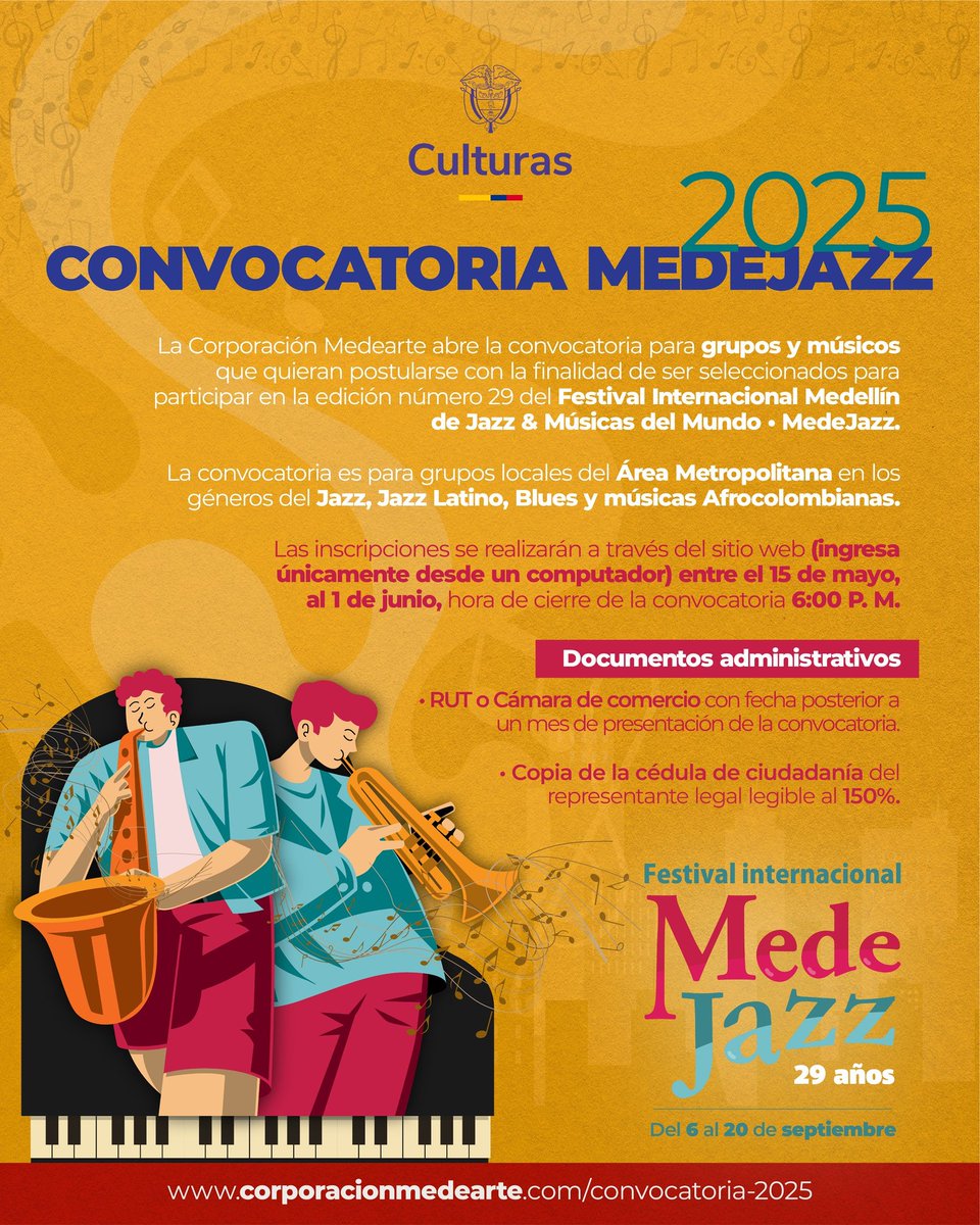 🪘 Aún estás a tiempo para participar de las convocatorias del #Medejazz2025, inscribite y has parte de este maravilloso evento de ciudad.

<a href="/mincultura/">MinCultura Colombia</a> <a href="/AlcaldiadeMed/">Alcaldía de Medellín</a> <a href="/FiestaLibro/">Fiesta del Libro</a> @FundacionEPM <a href="/latinastereo/">Latina Stereo🌴</a> <a href="/salsaconestilo/">SalsaConEstilo.com</a>
