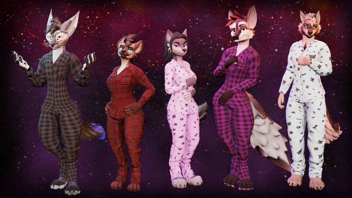 We have released a new set of pajamas! They come with a variety of different patterns, including two Furality Somna-inspired ones that utilize the custom Somna shader effects! 

Our Casual Pajamas are now available on Gumroad and Jinxxy! 

jinxxy.com/Darksider_Alex…