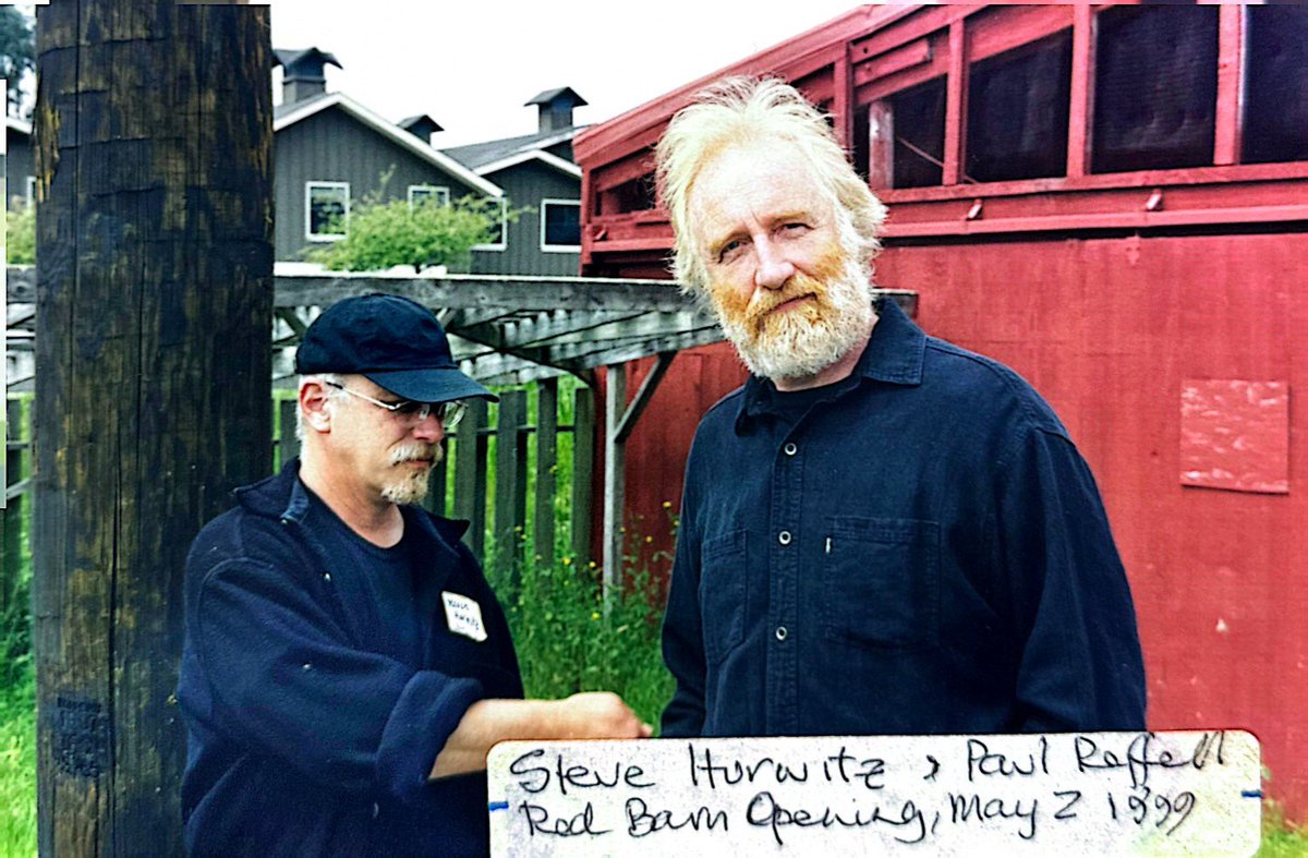 1) Paul Reffell in October 1996, testing for possible reception sites for KWMR. 2) Paul with Steve Hurwitz at the opening of the Red Barn, May 1999. Paul was tuned in to all the right signals.