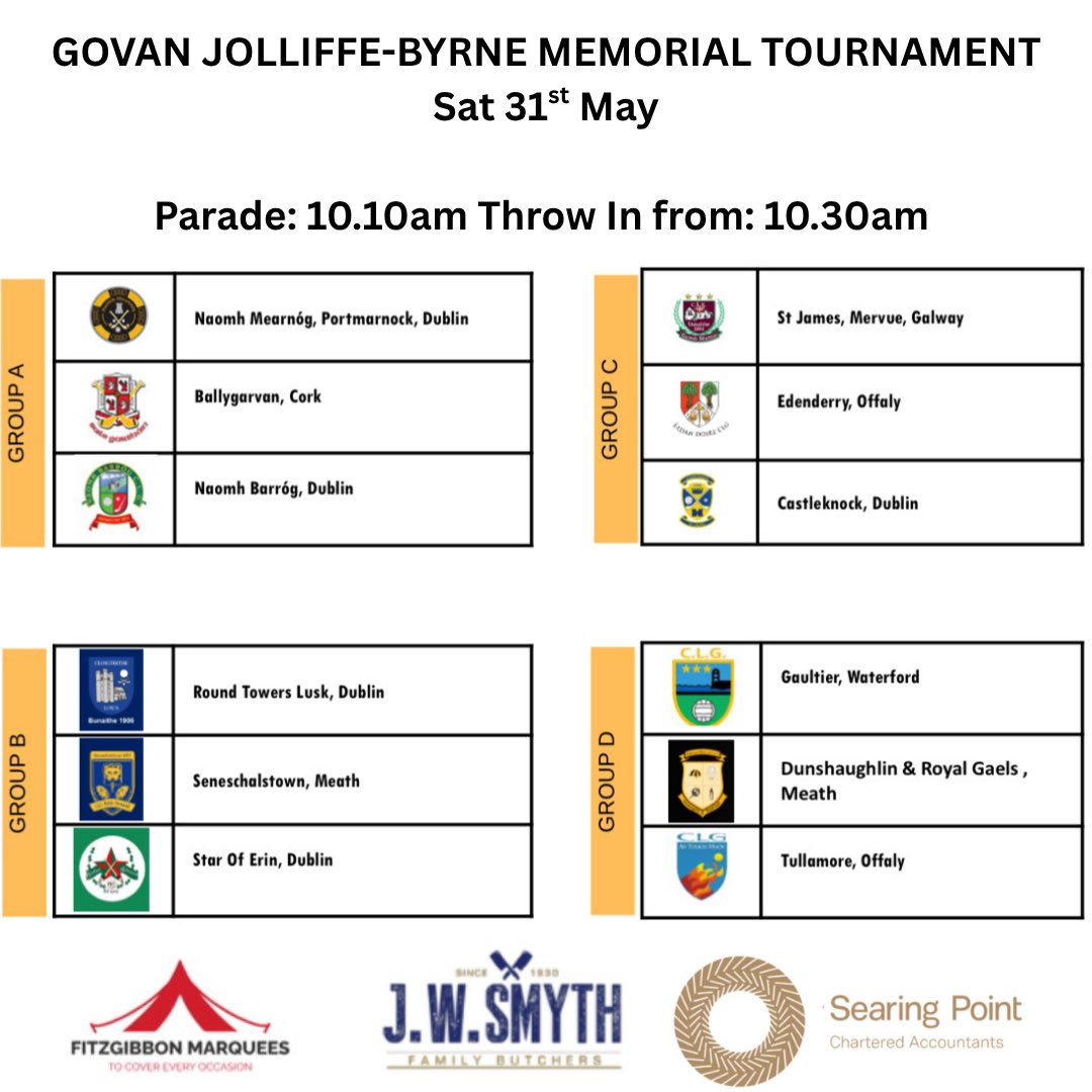 GOVAN JOLLIFFE-BYRNE TOURNAMENT 

12 teams will take part this weekend. Best of luck to our own U14 boys and all the teams taking part 💪

Thank you to all the clubs who are making their way to Páirc Mearnóg on Saturday, for what is sure to be a brilliant day.