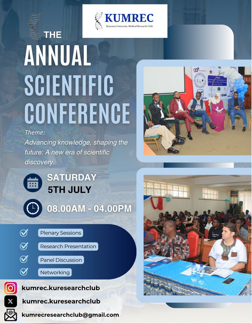 The wait is over!
Brace yourself for the most anticipated scientific event of the year — the KUMREC Annual Scientific Conference — where innovation, discovery, and networking collide!
🗓 Date: Saturday, 5th July
⏰ Time: 8:00 AM – 4:00 PM

#KUMREC2025
