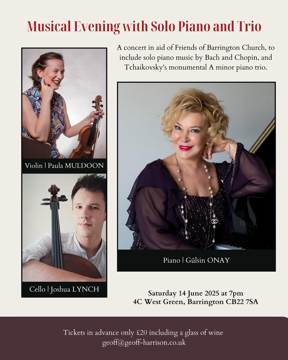 Bu yıl, Cambridge’deki evimizde düzenleyeceğimiz geleneksel yardım konserimizin tarihi 14 Haziran.. 
Bu özel gecede, Tchaikovsky’nin olağanüstü eseri “Trio”yu, çok parlak ve yetenekli müzisyenlerle birlikte seslendireceğiz..
Ben ayrıca solo eserler seslendireceğim..
Cambridge ve