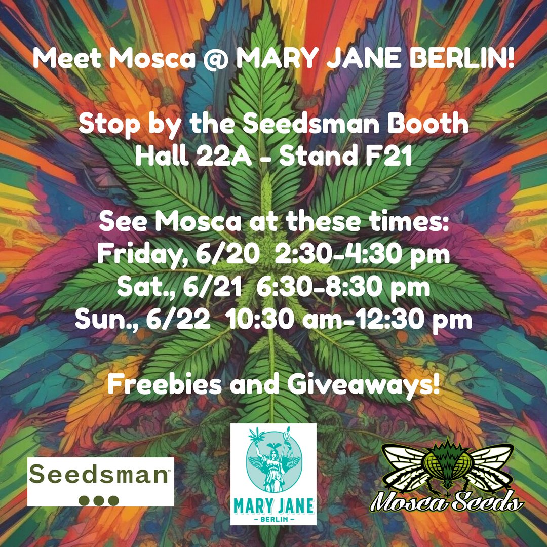 Come to the Mosca Meet &amp; Greet @ MARY JANE BERLIN!🔥🔥
Freebies &amp; Giveaways!🌿🍃

maryjane-berlin.com

#moscaseeds  #cananbiscommunity #cannabisindustry #cannabisnews #weed #cannabisgrower #420 #growyourown #thc #medicalmarijuana #growmarijuana #maryjane #maryjaneberlin2025