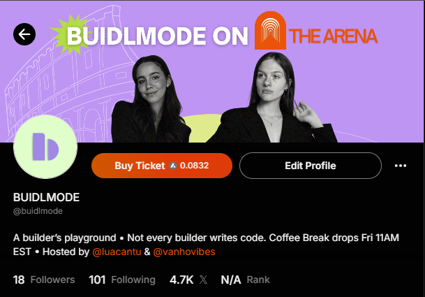 buidlmode's tweet photo. BUIDLMODE on @thearena 🔥
Every Monday the coffee break starts at 1 PM EST ☕️ https://t.co/dZH3x9Jctm