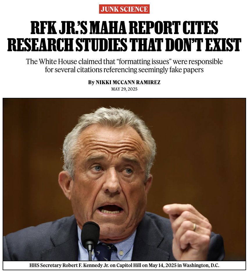 Trump and Health and Human Services Secretary Robert F. Kennedy Jr. have released the first report authored by the so-called Make America Healthy Again Commission — and it’s riddled with citation errors and even outright fake research.

Story: rollingstone.com/politics/polit…