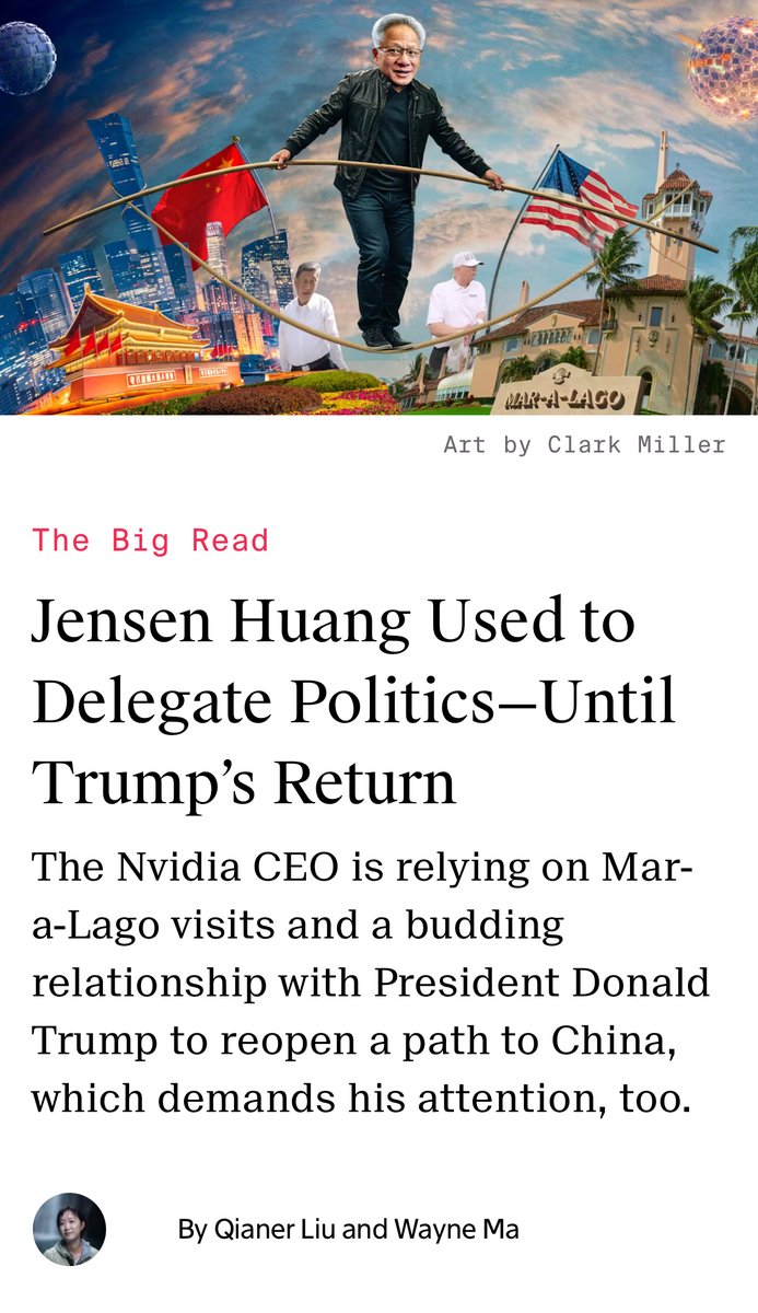 nickwingfield's tweet image. Jensen Huang is getting hands on with lobbying. Great read from @QianerLiu and @waynema about how much time the Nvidia CEO is spending on the road cultivating Trump. theinformation.com/articles/jense…