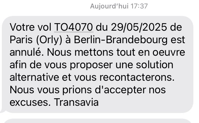 Vol Transavia de 13h30 annulé la veille du départ. On nous reporte sur un vol ce soir à 20h35 et on apprend 3h avant qu’il est aussi annulé. Merci pour ce bon moment <a href="/transaviaFR/">Transavia</a>