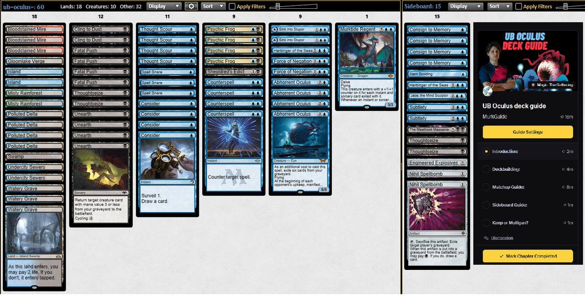 I wrote a guide on UB Oculus, aka the tempo deck I'd play in any major tournament in Modern. 

Abhorrent Oculus helps vs all the aggro decks that are festering modern, while the UB shell is designed to punish combo decks. 

Some samples in the comments!