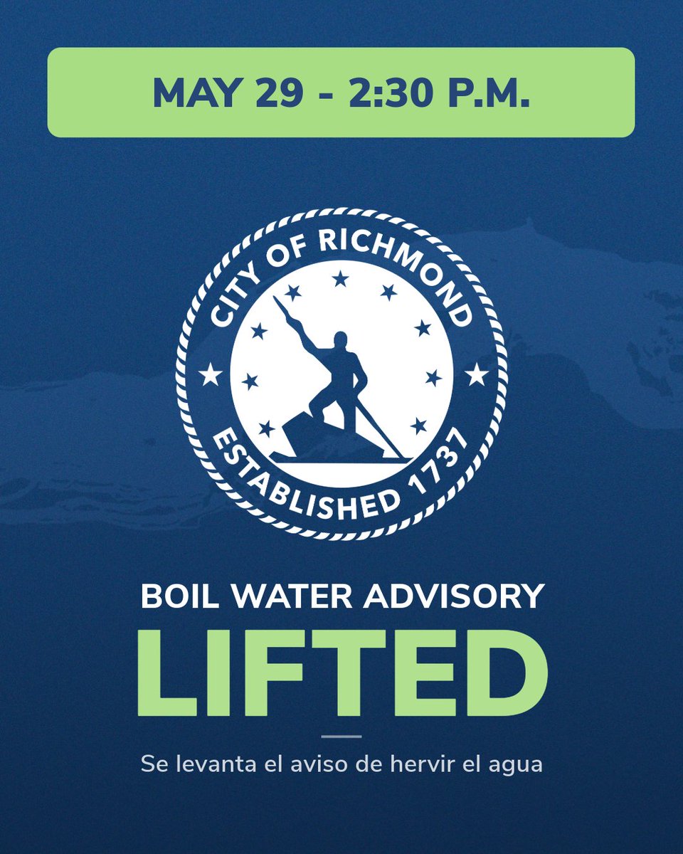 Update on May 29 at 2:30 pm:  

The Boil Water Advisory covering parts of Richmond City has been lifted. Mayor Avula will also share official updates with media outlets at a 4:30 p.m. press conference. Afterwards, his remarks will be uploaded to youtube.com/CityRichmondVA.