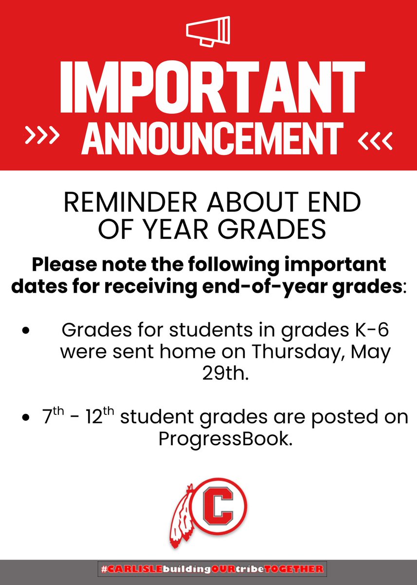 CarlisleLocal's tweet image. Just a reminder about grades!!!
#CARLISLEbuildingOURtribeTOGETHER